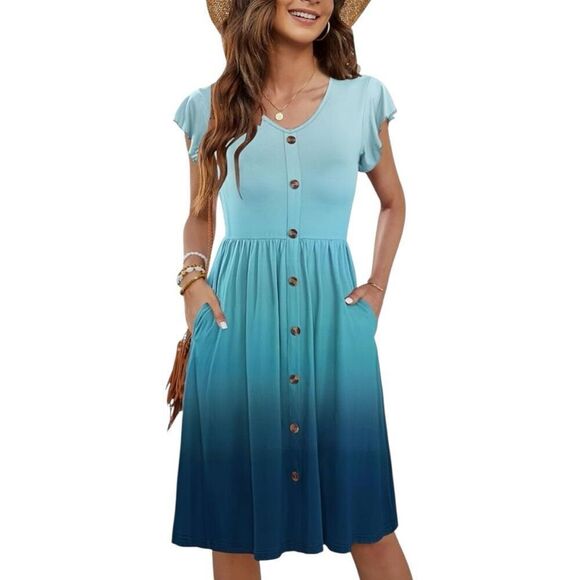 No Brand Dresses & Skirts - WNEEDU Casual Dress Mock Button Down Knee Length Size Large Pockets Aqua